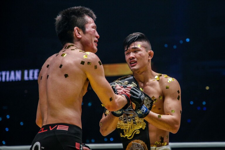 Shinya Aoki congratulates Christian Lee, the new ONE Lightweight World Champion