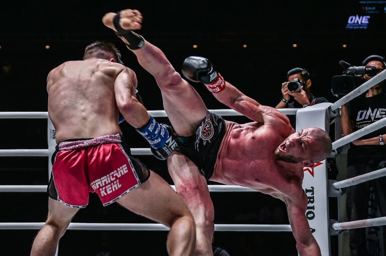 Russian kickboxer Dzhabar Askerov lands a spinning heel kick