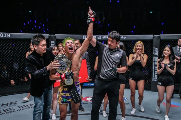Petchdam Petchyindee Academy celebrates winning the ONE Flyweight Kickboxing World Title