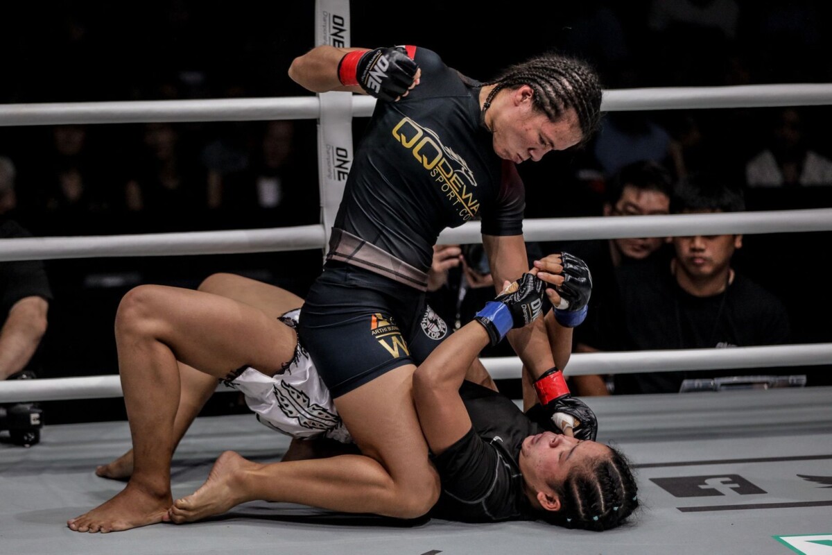Indonesian MMA fighter Priscilla Hertati Lumban Gaol drops ground and pound