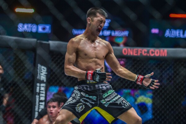 Japanese mixed martial artist Shako Sato celebrates his big win in his ONE ddebut