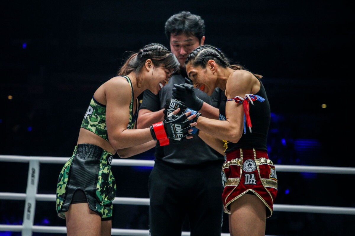 Stamp Fairtex and Janet Todd greet each other before their February 2019 showdown