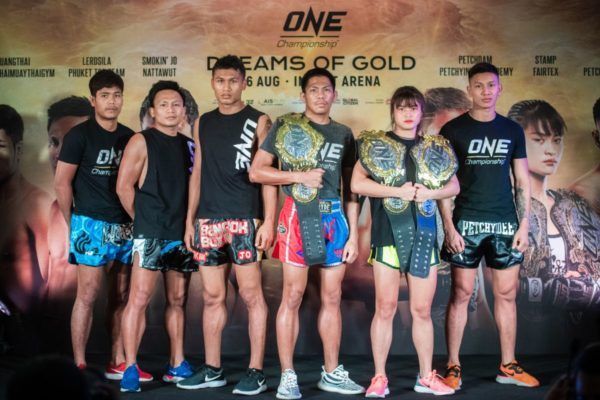 The Thai martial arts heroes pose at ONE: DREAMS OF GOLD Press Conference