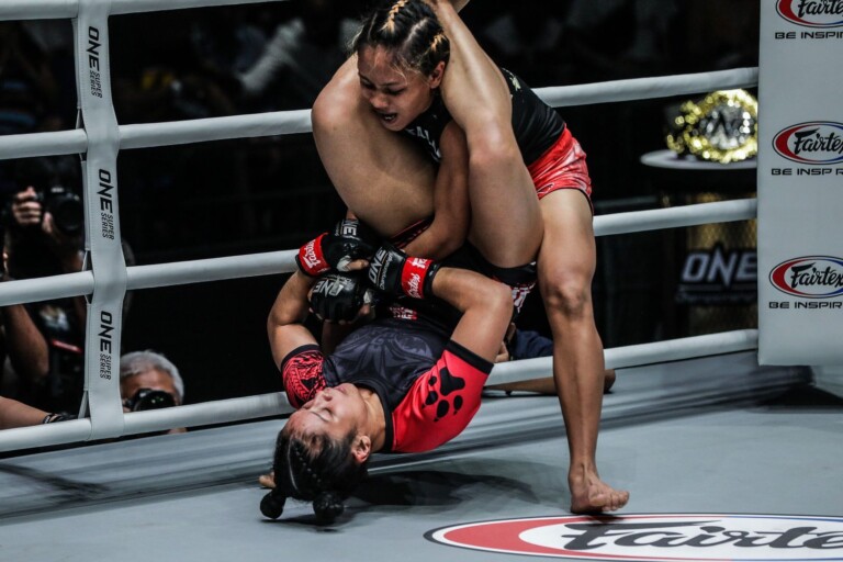 Malaysian mixed martial artist Jihin Radzuan goes for a high triangle