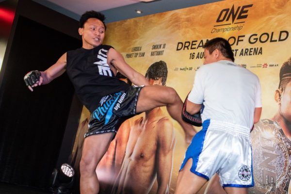 Lerdsila Phuket Top Team prepares for his match with Savva Michael at the ONE: DREAMS OF GOLD open workout in Bangkok, Thailand