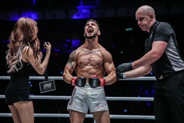 Troy Worthen celebrates his defeat of Chen Rui at ONE: MASTERS OF DESTINY