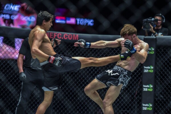 Russia's Alaverdi Ramazanov sends Ognjen Topic flying with a push kick