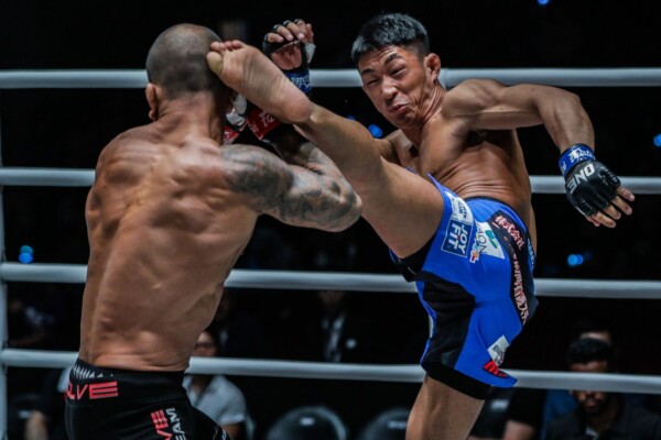Daichi Takenaka throws his left high kick at ONE: DAWN OF HEROES.