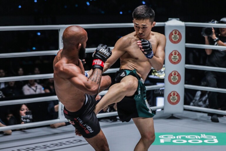 Japan's Tatsumitsu Wada connects with an inside leg kick at ONE: DAWN OF HEROES