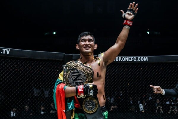 Aung La N Sang celebrates his KO of Brandon Vera at ONE: CENTURY