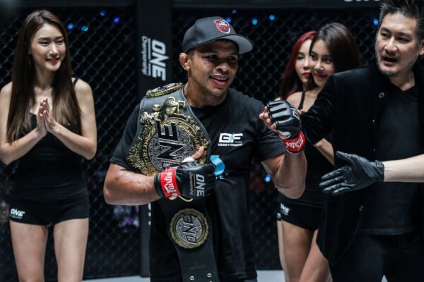 Bibiano Fernandes celebrates his defeat of Kevin Belingon at ONE: CENTURY