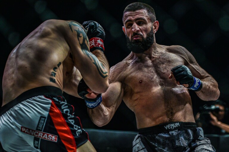 New ONE Welterweight World Champion Kiamrian Abbasov throws his shovel uppercut at Zebaztian Kadestam