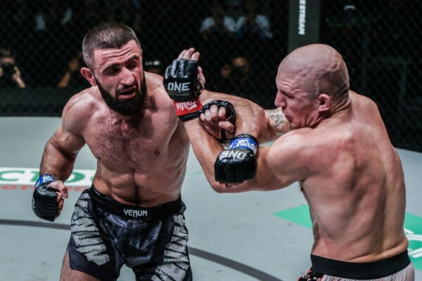 Kiamrian Abbasov attacks Zebaztian Kadestam at ONE: DAWN OF VALOR in Jakarta