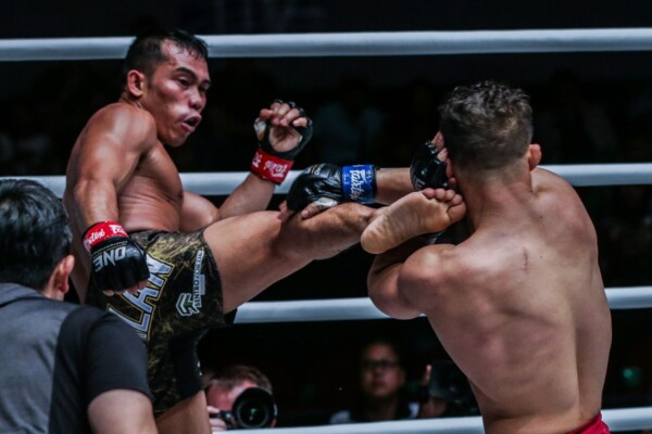 Filipino MMA fighter Robin Catalan kicks Gustavo Balart in the head at ONE: MASTERS OF FATE