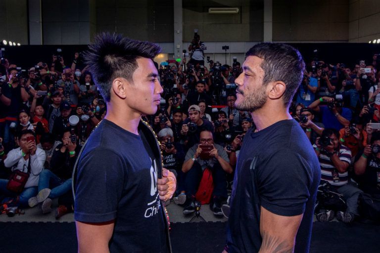 ONE Strawweight World Champion Joshua Pacio faces off with Alex Silva at the ONE: FIRE & FURY Press Conference