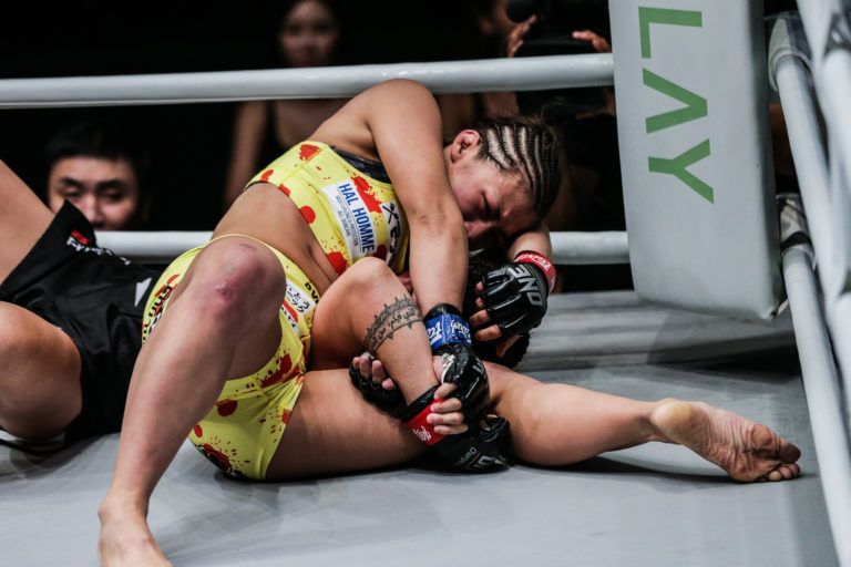 Japanese mixed martial artist Ayaka Miura sets up her signature submission