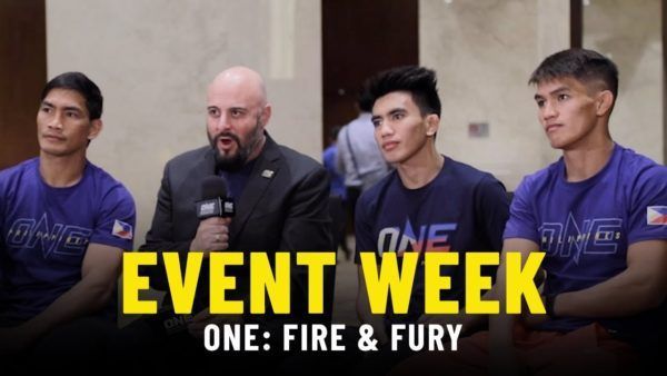 ONE Championship commentator Michael Schiavello stands alongside some of the top Filipino athletes competing at ONE: FIRE & FURY. Including Eduard Folayang and ONE Strawweight World Champion Joshua Pacio.