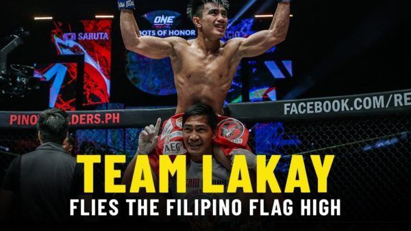 Team Lakay's Eduard Folayang lifts teammate Joshua Pacio on his shoulders after defeated Yosuke Saruta for the ONE Strawweight World Title.