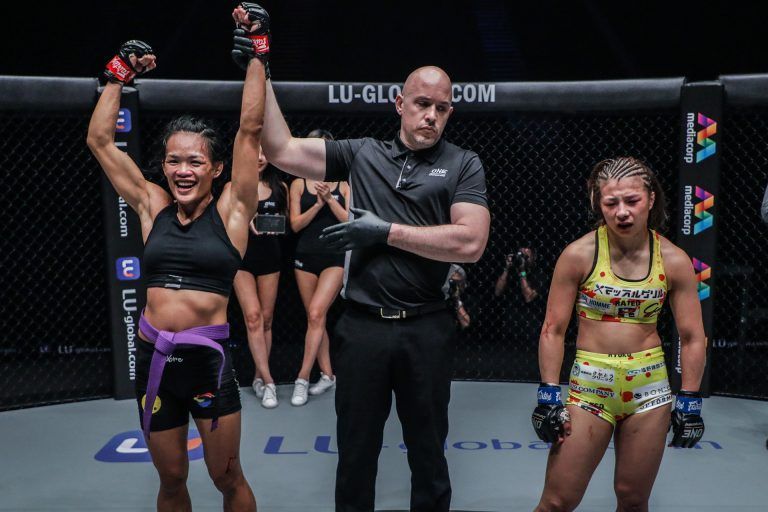 Tiffany Teo celebrates her win against Ayaka Miura at ONE KING OF THE JUNGLE