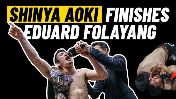 Japanese submission ace Shinya Aoki celebrates his submission victory at ONE: A NEW ERA over Eduard Folayang.