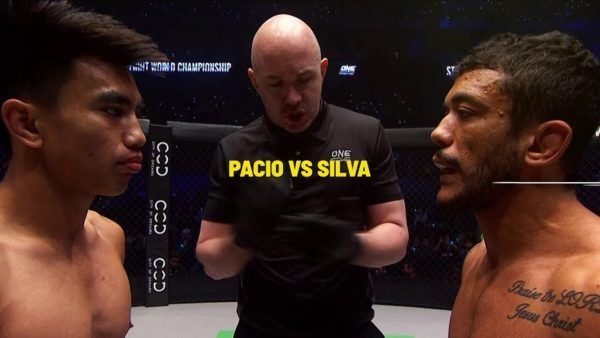 Joshua Pacio and Alex Silva meet in the center of the Circle prior to their ONE Strawweight World Championship main event at ONE: FIRE & FURY.