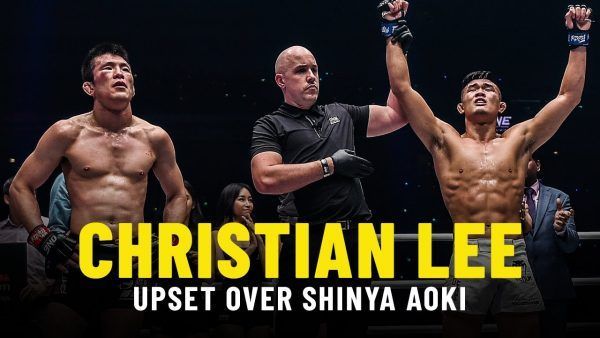 Christian Lee gets his hand raised after an incredible upset victory over Shinya Aoki at ONE: ENTER THE DRAGON.
