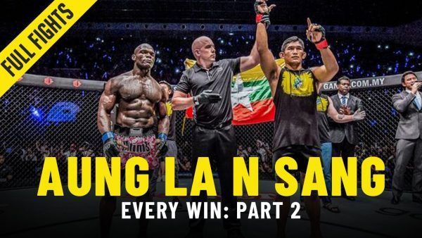 Aung La N Sang gets his hand raised after a first-round submission over Alain Ngalani at ONE: HERO'S DREAM.