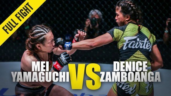Denice Zamboanga sticks Mei Yamaguchi with a left hand in Singapore at ONE: KING OF THE JUNGLE.