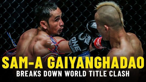 Sam-A Gaiyanghadao fires off a right hook against Wang Junguang at ONE: MARK OF GREATNESS in Kuala Lumpur.
