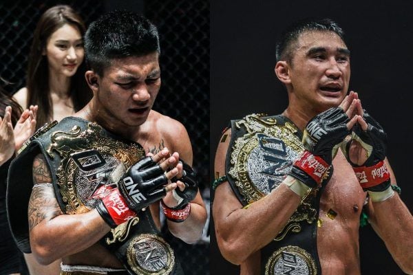 ONE World Champions Rodtang Jitmuangnon and Petchmorakot Petchyindee Academy post with the belts, will headline ONE: NO SURRENDER in Bangkok, Thailand