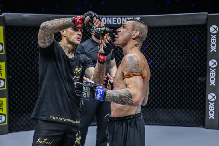 Nieky Holzken and John Wayne Parr share a moment following their fight at "ONE on TNT III"