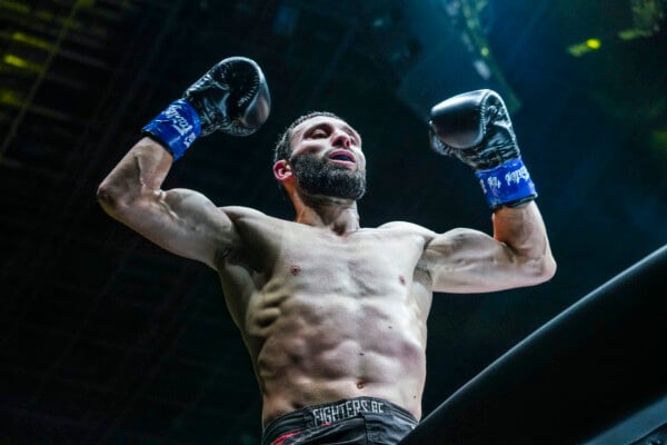 Davit Kiria celebrates his first-round TKO win over Enriko Kehl at ONE: FIRST STRIKE.