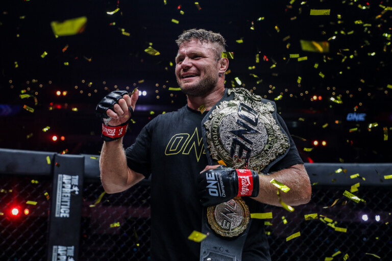 Anatoly Malykhin celebrates after taking home the Interim Heavyweight World Championship at ONE: BAD BLOOD