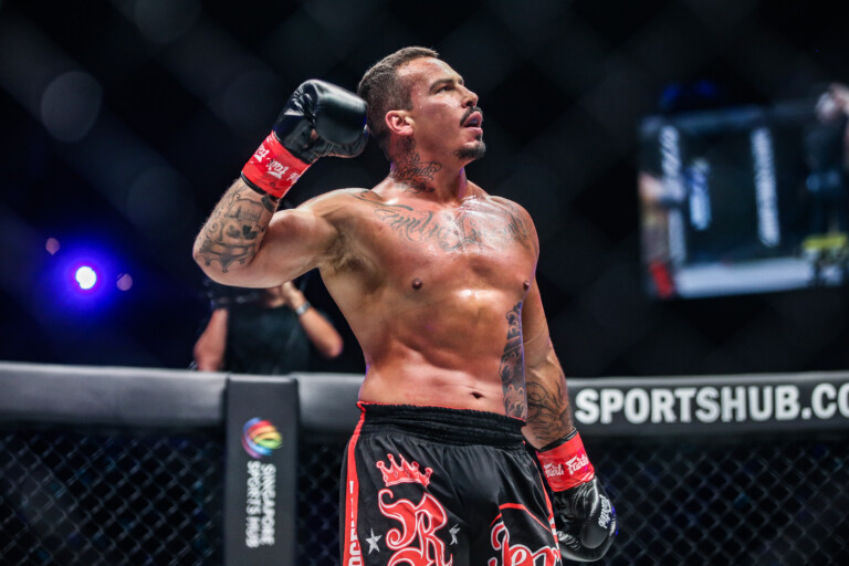 Guto Inocente celebrates his TKO victory over Bruno Susano after their heavyweight kickboxing match at ONE: FULL CIRCLE