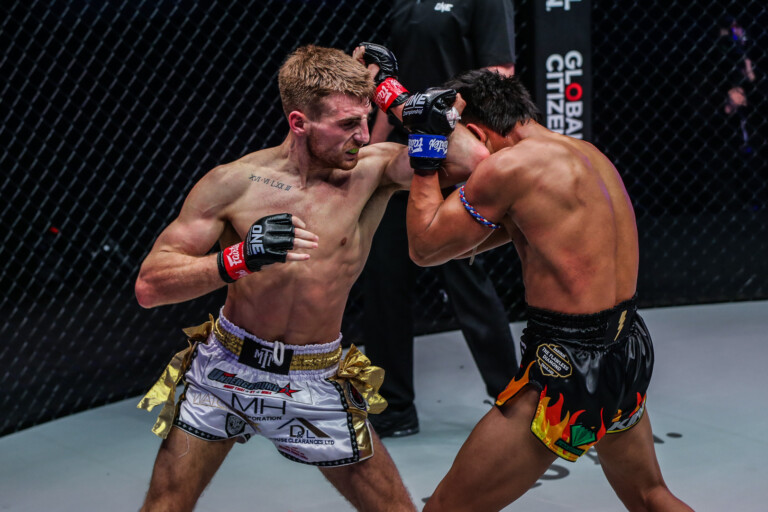 Jonathan Haggerty sneaks an elbow through Mongkolpetch Petchyindee's defense at ONE: BAD BLOOD