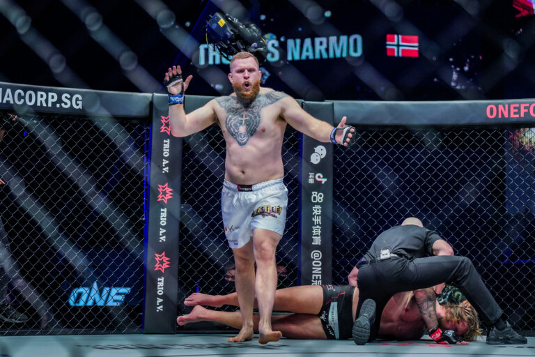 Odie Delaney celebrates after getting a submission win over Thomas Narmo at ONE: BAD BLOOD