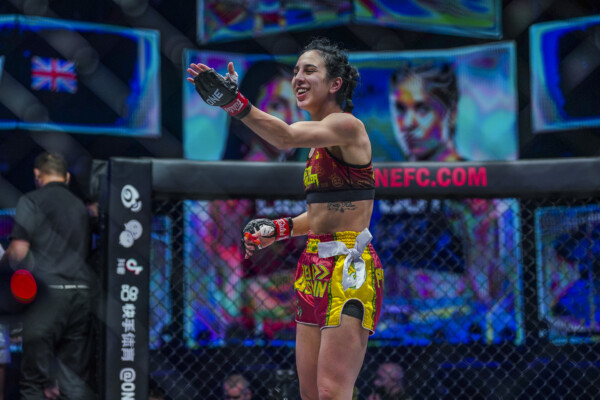 Iman Barlow celebrates her victory at ONE: LIGHTS OUT
