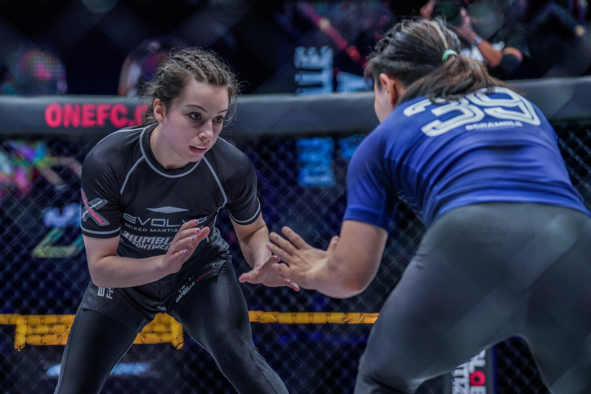 Danielle Kelly prepares a stance against Mei Yamaguchi at ONE X: Part I