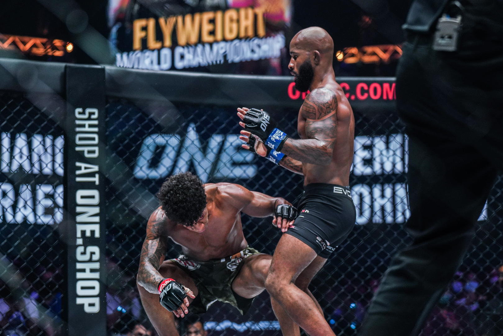 Demetrious Johnson stands over Adriano Moraes at ONE on Prime Video 1
