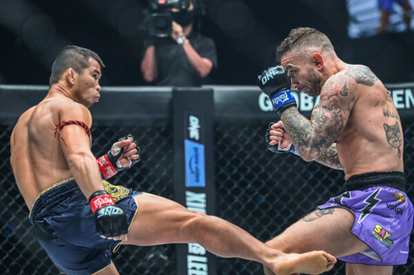 Nong-O Gaiyanghadao throws a low kick at Liam Harrison at ONE on Prime Video 1