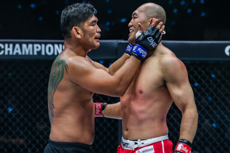 Aung La N Sang embraces Yushin Okami at ONE 163