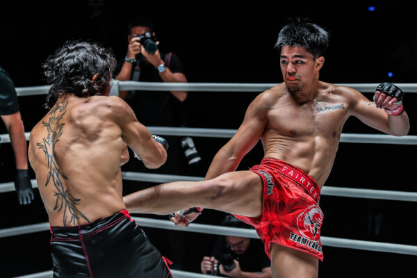 Filipino MMA fighter Jhanlo Mark Sangiao kicks Enkh-Orgil Baatarkhuu