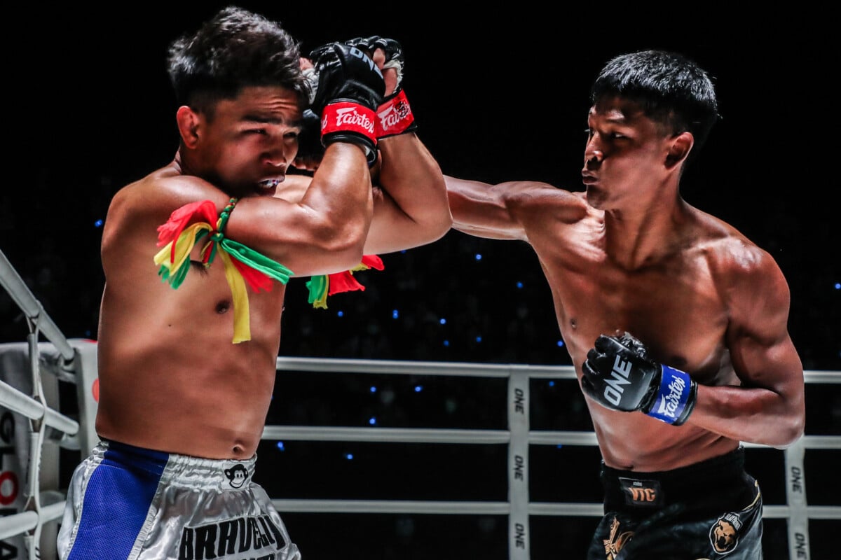 Black Panther slams a right hand at Suriyanlek Por Yenying during their match at ONE Friday Fights 35.