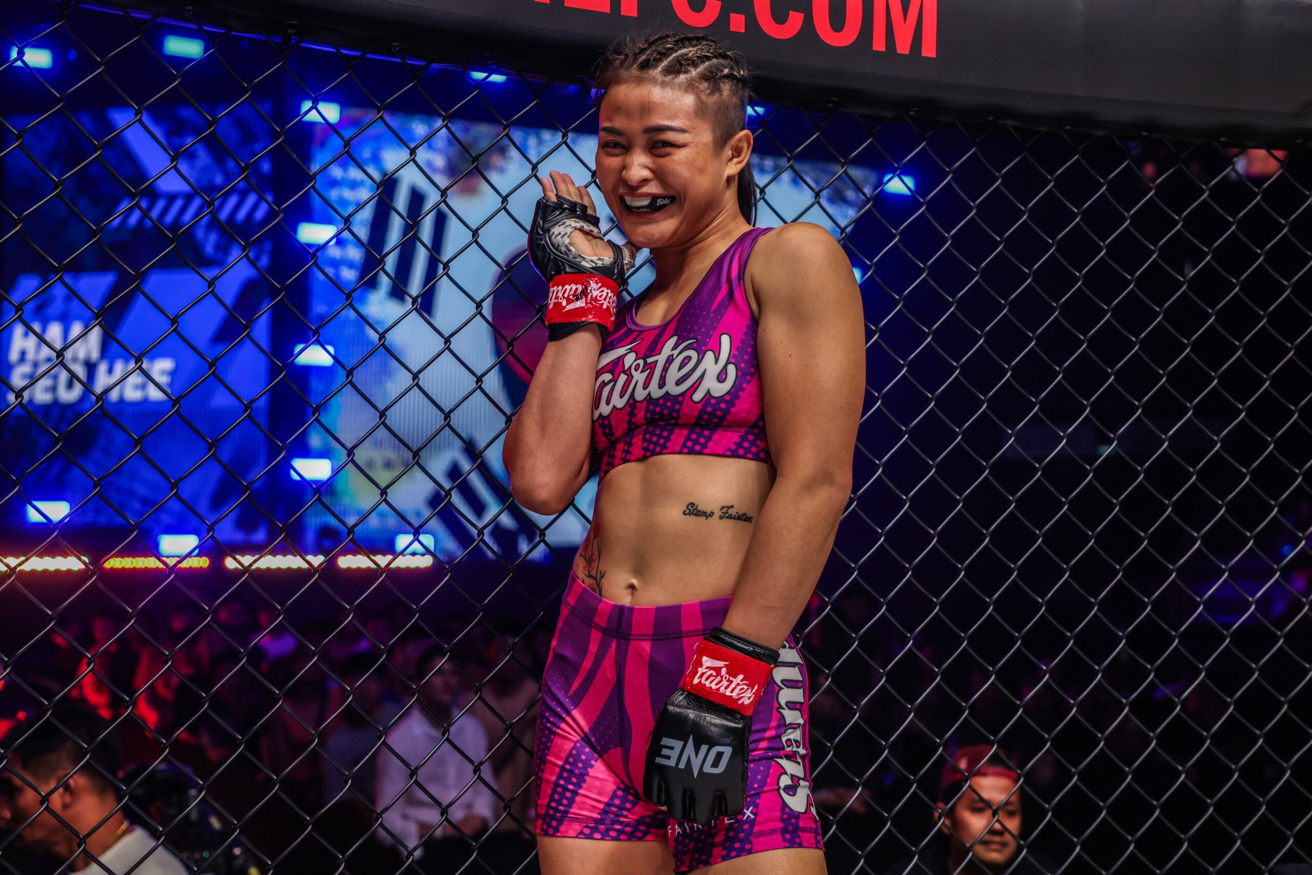 Stamp Fairtex all smiles before her clash against Ham Seo Hee at ONE Fight Night 14.