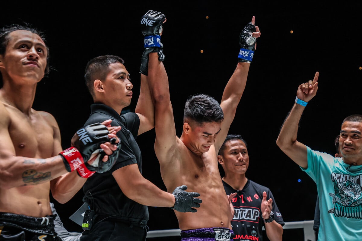 Johan Ghazali gets his hand raised after beating Edgar Tabares at ONE Fight Night 17.