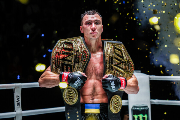 Roman Kryklia celebrates his triumph over Alex Roberts at ONE Fight Night 17.