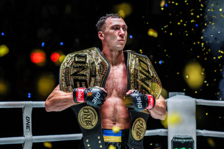 Roman Kryklia celebrates his victory over Alex Roberts at ONE Fight Night 17.