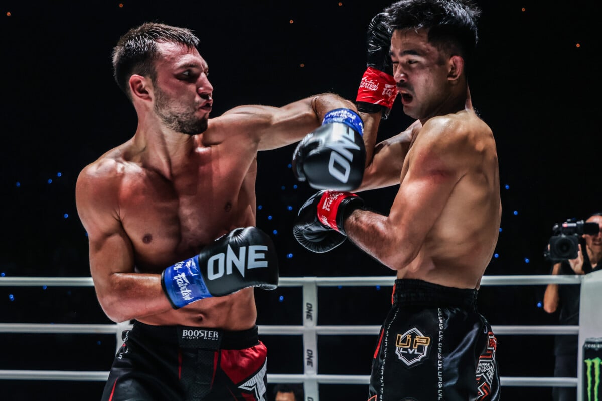Bogdan Shumarov punches Rungrawee Sitsongpeenong at ONE Fight Night 22 