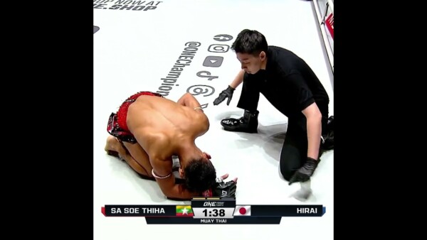 DELAYED REACTION  Masatoshi Hirai scores a crazy liver kick KO!