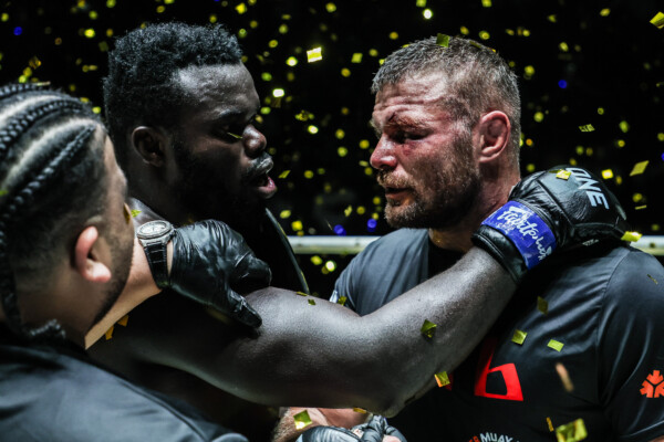 Oumar Kane embraces Anatoly Malykhin after defeating him at ONE 169